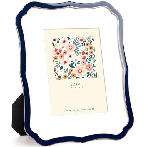 Venusmiles 8x10 Enamel Picture Frame with Mat to 5x7, Wavy Cloud Border, Gold Metal Edge Easel, Real Glass Photo Frame for Wall and Tabletop Display Family Office Photo Gallery, Navy Blue Enamel/1pc