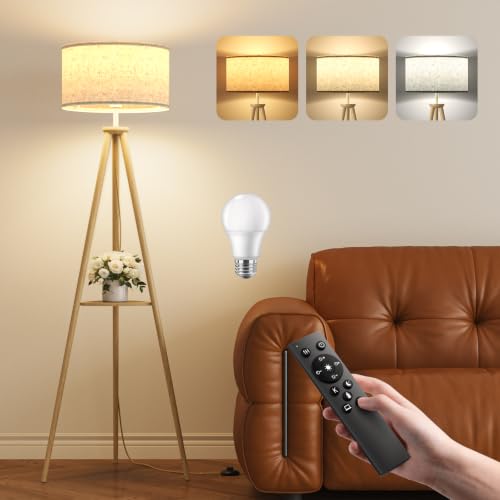 Tripod Floor Lamp with Storage Shelves - 12W Solid Wooden Standing Lamp with E27 Bulb & Remote Control, Corner Lights for Living Room, Bedroom, Light Brown - Triangular Shelf