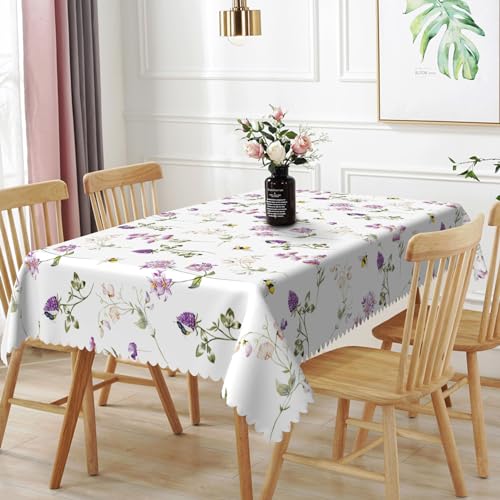 TTQYFNM 52x70inches Floral Rectangle Tablecloth Light Purple Flowers Honey Bee Polyester Fabric Table Cloth Waterproof Wipeable Tablecloth Cover for Home Kitchen Restaurant Picnic Party Decoration