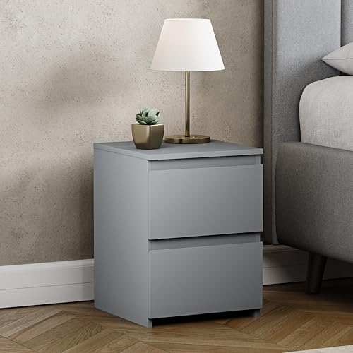 Vida Designs Denver 2 Drawer Bedside Chest - Grey - Space-Saving Storage - 52H x 29.5W x 29.5D cm - Narrow Side Table - Minimal - Smooth Metal Runner - Modern Bedroom Nightstand Unit