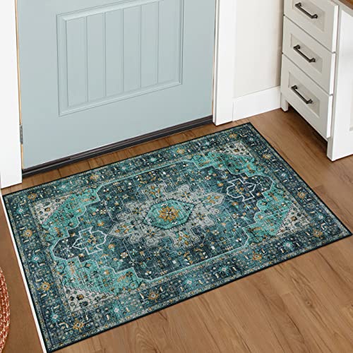 Moynesa Ultra-Thin Washable Area Rug - 2x3 Teal Small Washable Entryway Rug Front Indoor Doormat, Boho Non-Slip Stain Resistance Low Pile Accent Carpet for Bathroom Home Laundry Room Hall Foyer Decor