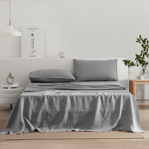 EVERLY Linen Sheets California King Size 100% French Stonewash Pure Linen Bed Sheets 4Pieces (1Flat Sheet,1Fitted Sheet,2Pillowcase) Suitable for Hot Sleepers,Deep Pocket Natural Bedding Set-Grey