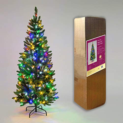8Ft/2.4m Pre-Lit Green Christmas Tree Slim Pine Narrow Xmas Tree, Pointed Tips, Metal Stand, Multicolour LED Lights, Holiday Home Decorations