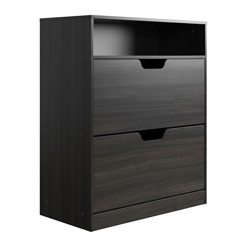 Relaxdays Shoe Cabinet with Storage, 102x80x24 cm, Holds 12 Pairs, Narrow, 2 Tilt Doors, Wood Effect Grey