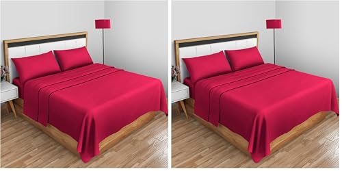 Easy Care Percale Flat Sheets Double- Shrinkage And Fade Resistant Bedsheet- Non Iron Bedding Polycotton Fabric Sheet- Red (Pack of 2)