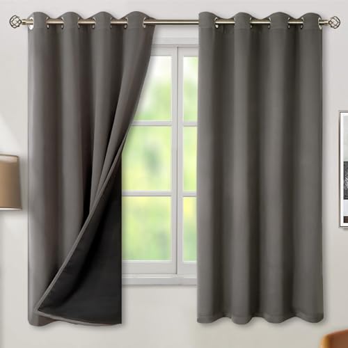 BGment Thermal Insulated 100% Blackout Curtains for Bedroom with Black Liner, Double Layer Full Room Darkening Noise Reducing Grommet Curtain (52 x 72 Inch, Grey, 2 Panels)