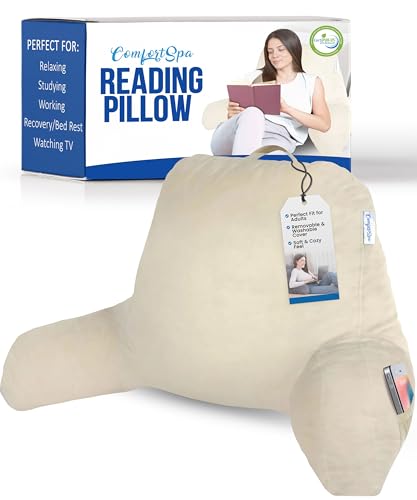ComfortSpa Reading Pillow for Bed Adult Size, Back Rest Pillow with Arms, Pockets and Washable Cover Use as a Back Pillow for Sitting in Bed for Bedrest or Relief from GERD Heartburn (Cream)