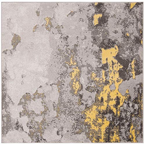 SAFAVIEH Abstract Rug for Living Room, Dining Room, Bedroom - Adirondack Collection, Short Pile, in Grey and Yellow, 120 X 120 cm
