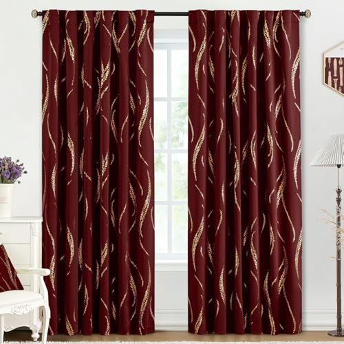 Yakamok Blackout Curtains 84 inch Length Living Room Thermal Insulated Gold Wave Line Dots Pattern Curtains Room Darkening Back Tab Curtains for Bedroom, Burgundy, W52 x L84-inch, 2 Panels