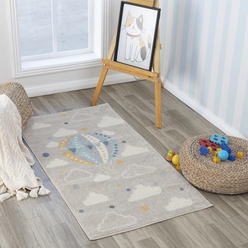 Livabliss Monty Hot Air Balloon Kids Rug - Childrens Rugs for Bedroom 80x150 cm, Kids Carpet for Girls and Boys Bedroom, Playroom and Nursery Rugs, Baby Rug for Girl or Boy Room, Grey