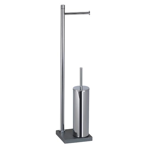 Gedy TRILLY Toilet Brush and Toilet Roll Holder, Chrome-Grey, Stainless Steel, Thermoplastic Resins and Resin and Sand Base, 14 x 14 x 64 cm