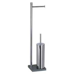 Gedy TRILLY Toilet Brush and Toilet Roll Holder, Chrome-Grey, Stainless Steel, Thermoplastic Resins and Resin and Sand Base, 14 x 14 x 64 cm