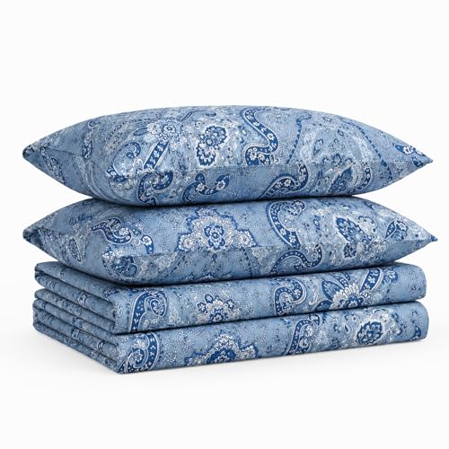 TRIBECA LIVING King Bed Sheet Set, 300 Thread Count Soft Cotton Sateen, Floral Print with Extra Deep Pockets, 4-Piece Bedding Set, Atlantis Multicolor