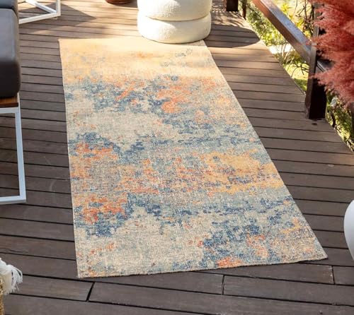 Livabliss Tichia Indoor Outdoor Rug - Boho Runner Rugs for Living Room 80x220 cm Dining, Hallway Carpet, Patterned Neutral & Coloured Rugs, Waterproof, Stain Durable - Orange and Blue