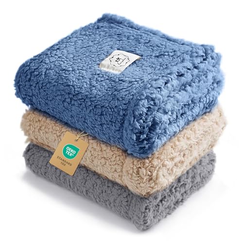 "luciphia 1 Pack 3 Calming Dog Blanket Fluffy Premium Fleece Pet Blankets Soft Sherpa Throw for Dogs Puppy Cat Grey/Beige/HazeBlue Small (23"" x16"")"