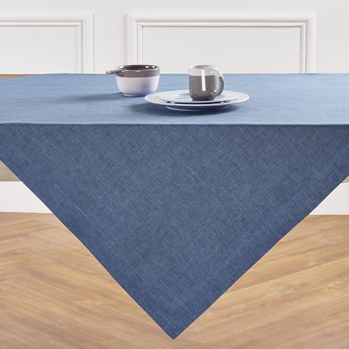Solino Home 100% Linen Table Cloth, Throw Blue Denim, Athena 52 x 52 in - a versatile cover for tables and gatherings, European flax fibres, low iron finish, Blue Denim, soft, OEKO-TEX Certified