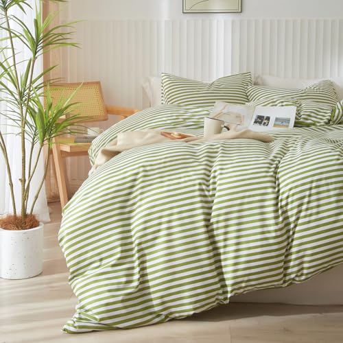 mixinni Striped Comforter Set Full Size - Green White Stripes Pattern Bed Set for All Season, 3 Pieces Lightweight Bedding Sets for All Seasons (1 Soft Fluffy Comforter + 2 Pillowcases)