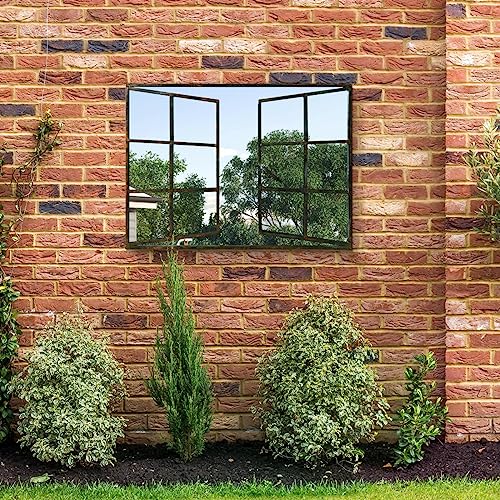 "MirrorOutlet Kirkby - Black Brown Open Window Garden Wall Mirror 39"" X 29"" (100CM X 73CM) Silver Mirror Glass with Dark Distressed Black Brown Metal Frame."