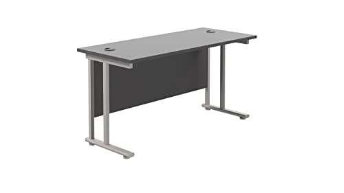 Office Hippo Heavy Duty Rectangular Cantilever Office Desk, Home Office Desk, Office Table, Integrated Cable Ports, PC Desk For Office or Home, 5 Yr Wty - Silver Frame/Black Top, 120cm x 60cm