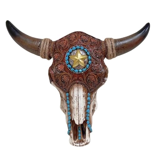 BestGiftEver Bull Skull with Tooled Leather Southwest Home Decor Wall Hanging Decoration - Rustic Bull Skull Wall Sculpture - Native American Indian Style Home Decor with Tooled Leather Look