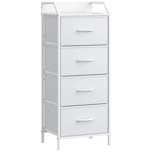 Feonase 4-Drawer Chest of Drawers with Metal Frame & Top Back Panel – Modern Fabric Storage Cabinet for Bedroom, Living Room, Small Spaces (43x30x97cm, White)