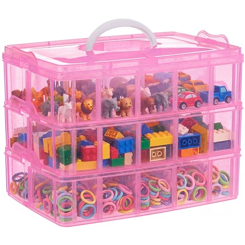 SGHUO 3-Tier Pink Craft Storage Container Box, Stackable Organizer Box with Dividers for Art Supplies, Beads, Washi Tapes, Seed, Hair Accessories, Nail, 9.5X6.5X7.2in