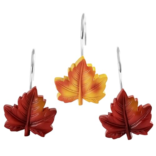 Red Plant Leaf Shower Curtain Hooks,Eucalyptus Bathroom Decor,12PCS - Cute Decorative Leaves Shower Curtain Rings,Metal Rustproof,Easy Installation,Smooth sliding