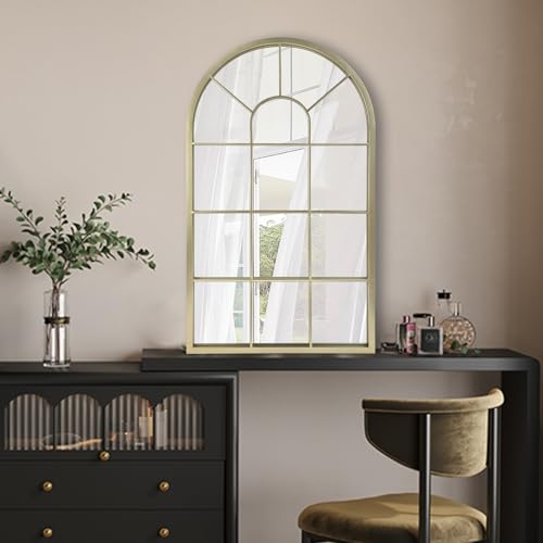 HQiJun Wall Mirror Window Decorative Mirrors Arched Farmhouse for Living Room Bedroom Entryway Bathroom Vanity(Gold,31.5??? x 20??? x 1???)