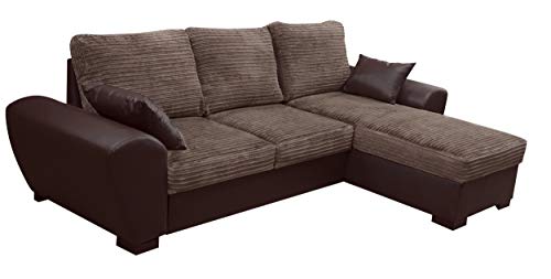 Sofas and More TOMMY CORNER SOFA BED BROWN JUMBO CORD FABRIC LEATHER WITH STORAGE