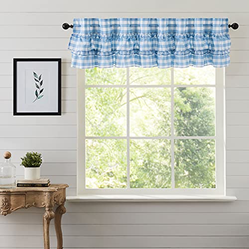VHC Brands Annie Buffalo Blue Ruffled Check Farmhouse Kitchen Curtain Valance 16x72