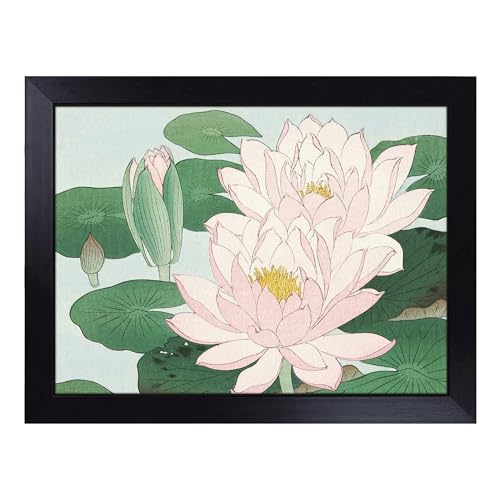 Lap Tray with Bean Bag Cushion, Pink Water Lilies By Ohara Koson - Handmade in the UK, Raised Wooden Edge, Padded Cushion, Heat-Resistant Wipe-Clean Surface, for Meals, Laptops and Crafts