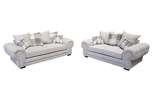 Sofas and More Fabric Sofa 2 Seater Light Grey Velour Dorado Scatter Back Cushions Large Seats