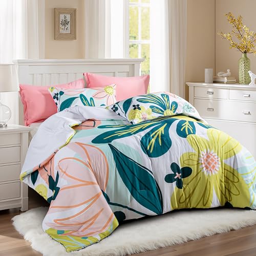 Tyrot Boho Floral King Comforter Set - 3 Piece Farmhouse Botanical Bedding Comforter Sets for All Season Soft Lightweight Mid Century Bed Set, (1 Reversible Comforter and 2 Pillow Shams