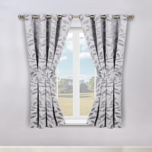 "Superior Semi Blackout Curtains - Modern Leaves - 46"" x 63"" - Grommet Header - Thermal Insulated, Sun Blocking & Room Darkening Drapes for Bedroom, Living Room - Set of 2 Panels - Grey"