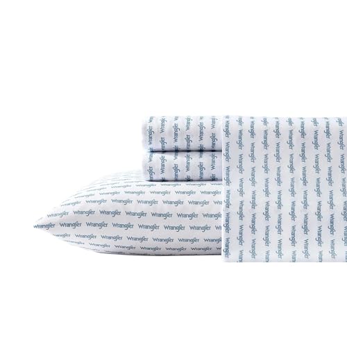 Wrangler - Sheet Set, Breathable & Wrinkle Resistant Bedding, Includes Matching Sham & Pillowcases, Yellowstone Inspired, Western Home Decor (Stamped Logo Blue, Queen)