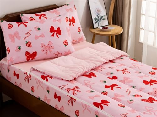 NTBED Strawberry Bow Printed Zipper Bedding Sets Twin for Kids Girls Lightweight Microfiber Butterfly Comforter Set with Fitted Sheet Pillow Covers,Pink