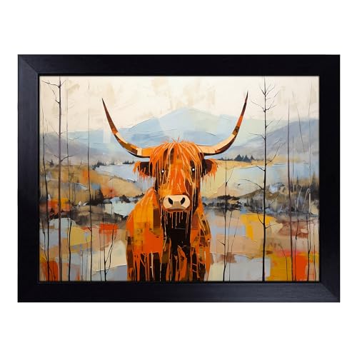 Lap Tray with Bean Bag Cushion, Highland Cow Minimalism - Handmade in the UK, Raised Wooden Edge, Padded Cushion, Heat-Resistant Wipe-Clean Surface, for Meals, Laptops and Crafts