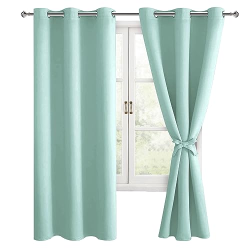 Hiasan Room Darkening Curtains for Bedroom, Noise Reducing, Energy Saving Blackout Window Curtain Panels, Sewn with Tiebacks, Set of 2, Grommet Top (Aqua, Width 38 Inch x Length 72 Inch)