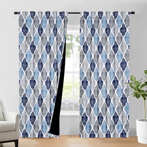 Beauoop Moroccan 100% Blackout Curtains Bedroom Blue Grey 50x96 2 Panels - Geometric Room Darkening Drapes for Living Room 96 Inch Long Thermal Insulated Soundproof Lattice Window Treatment Rod Pocket