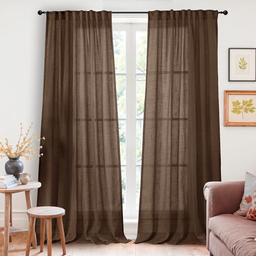 YoungsTex Linen Semi Sheer Curtains 90 Inches Long for Living Room - Chocolate Brown Light Filtering Drapes Textured with Rod Pocket Back Tab for Dining Bedroom, 2 Panels, 52 X 90 Inch
