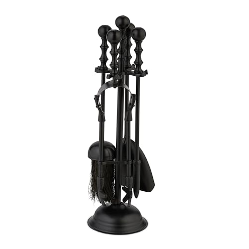 Relaxdays Fireplace Tools 5-piece Set, Poker, Ash Shovel, Broom, Tongs & Stand, Chimney Accessories, 41 x 11.5 cm, Black
