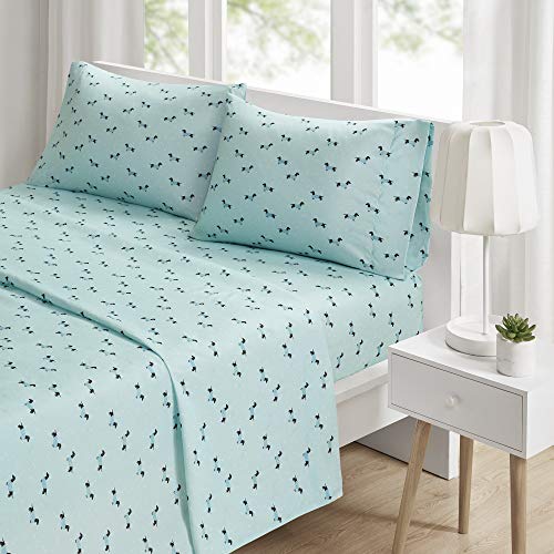 "Intelligent Design Microfiber Cozy Bed Sheet Set, Modern All Season Bedding & Pillowcases, Premium 14"" Elastic Pocket Fits up to 16"" Mattress, Full Aqua Dogs 4 Piece"