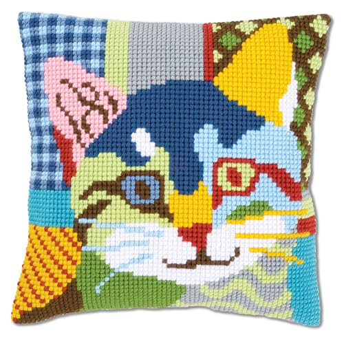 Vervaco Cross Stitch Cushion Cat Patchwork, Outlined Cross Stitch Kit Cushion Vorbeze Nice, Cotton, multicoloured, 40 x 40 x 0.3 cm