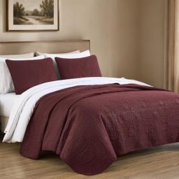Chezmoi Collection Austin 3-Piece Oversized Bedspread Coverlet Set (Queen, Burgundy), Microfiber