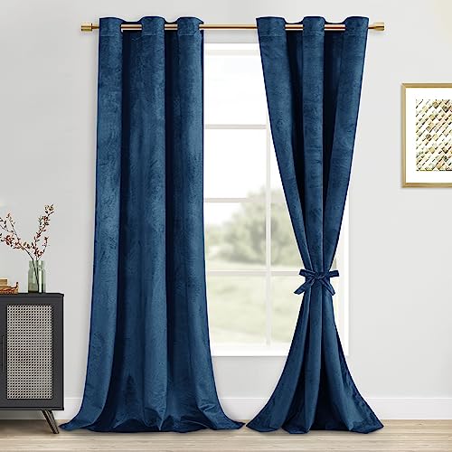 DWCN Velvet Curtain Panels - Grommet Top Tieable Thermal Insulated Window Treatment Set Home Decor Modern Blackout Curtains for Bedroom Living Room W42 x L96, Navy Blue, 2 Panels
