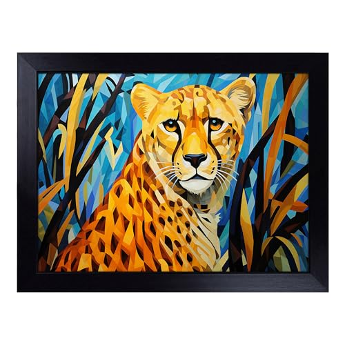 Lap Tray with Bean Bag Cushion, Cheetah Cubism - Handmade in the UK, Raised Wooden Edge, Padded Cushion, Heat-Resistant Wipe-Clean Surface, for Meals, Laptops and Crafts