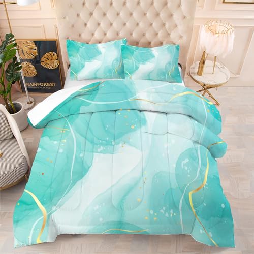 EDGZKO Teal Comforter Set Queen: Blue Green Marble Bedding Sets for Women Girls Boys Bedroom Luxury Cyan Blue Comforter Abstract Gold Bed Set 1 Comforter & 2 Pillowcases