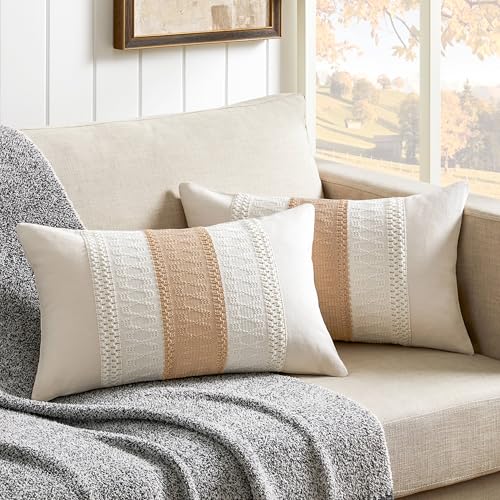 ZeeMart 2 Pack Boho Lumbar Pillow Covers, Contrast Beige 12x20in - Soft Breathable Cotton, Farmhouse Decorative Couch Pillow Cases, Cushion Covers for Sofa Bed Living Room Home Decor