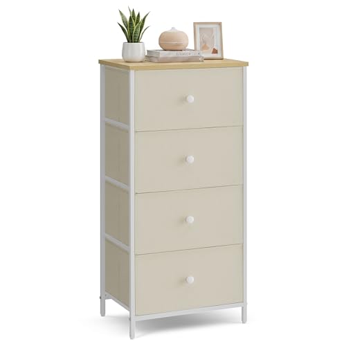 SONGMICS Chest of Drawers Bedroom, Drawer Storage Unit, Dresser with 4 Fabric Drawers, Metal Frame, Tall and Slim, for Closet, Camel Yellow and Cream White BELLAH Collection LTS314WD01