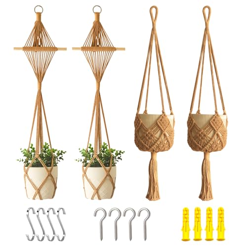 XINBOR 4 Pack Macrame Plant Hangers Indoor Up to 10 inch Pot, Boho Hanging Planters, Plant Holder with 8Pcs Stainless Steel Hooks (4Pcs Caramel Hanger)